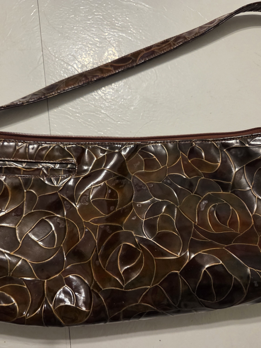 Brown Floral Embossed Shoulder Bag